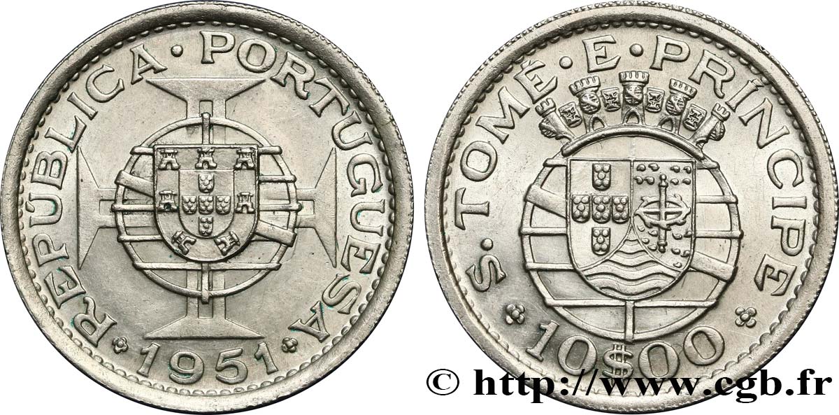 SAINT THOMAS et PRINCE 10 Escudos colonie portugaise 1951 SUP