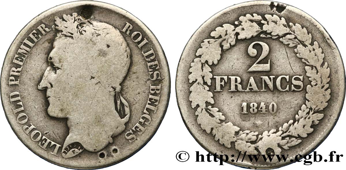 BELGIUM 2 Francs Léopold Ier tête laurée 1840  F 