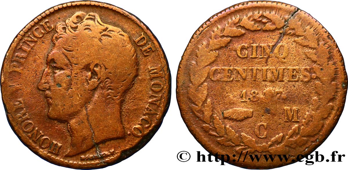 MONACO 5 Centimes Honoré V grosse tête en cuivre rouge 1837 Monaco q.MB 