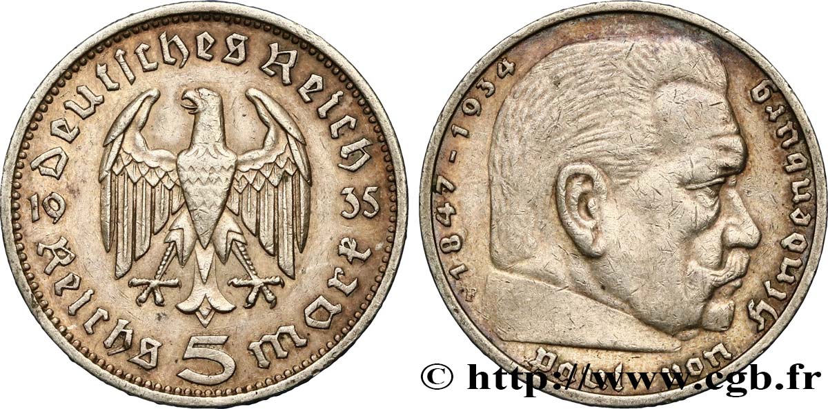 ALLEMAGNE 5 Reichsmark Aigle / Maréchal Paul von Hindenburg 1935 Stuttgart TTB 