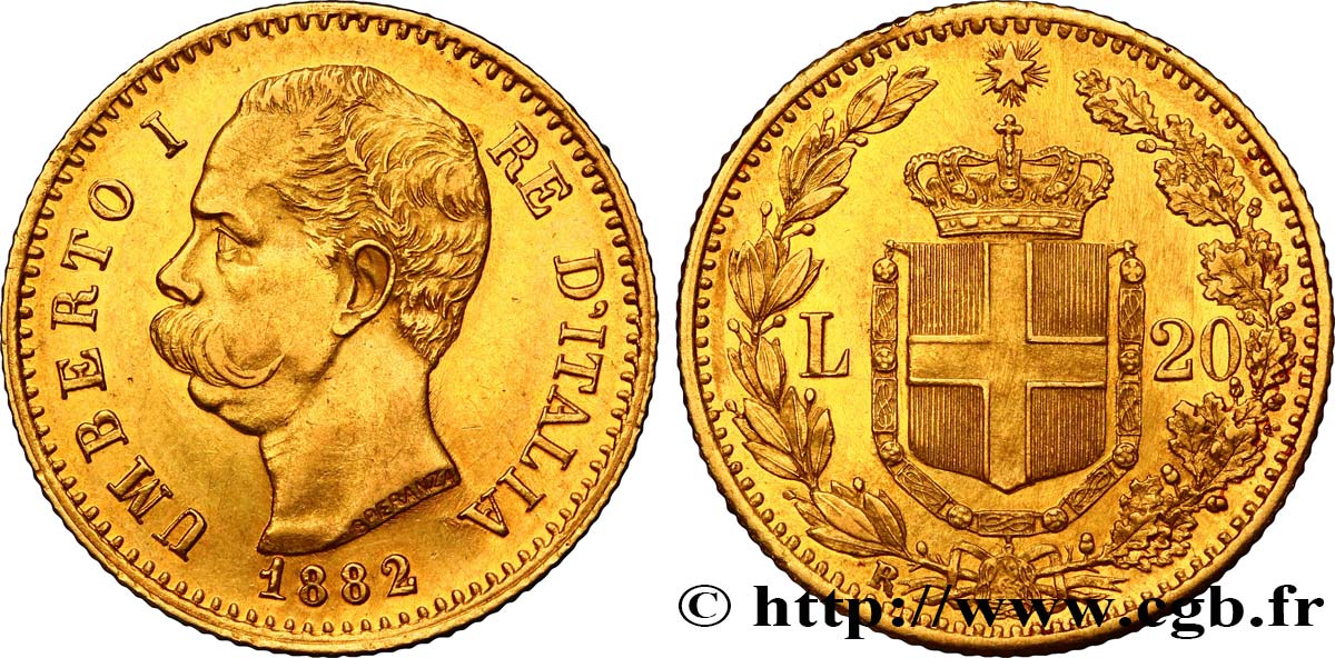 ITALIE - ROYAUME D ITALIE - HUMBERT Ier 20 Lire 1882 Rome q.SPL/SPL 