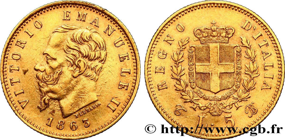 ITALY - KINGDOM OF ITALY - VICTOR-EMMANUEL II 5 Lire 1863 Turin  XF 