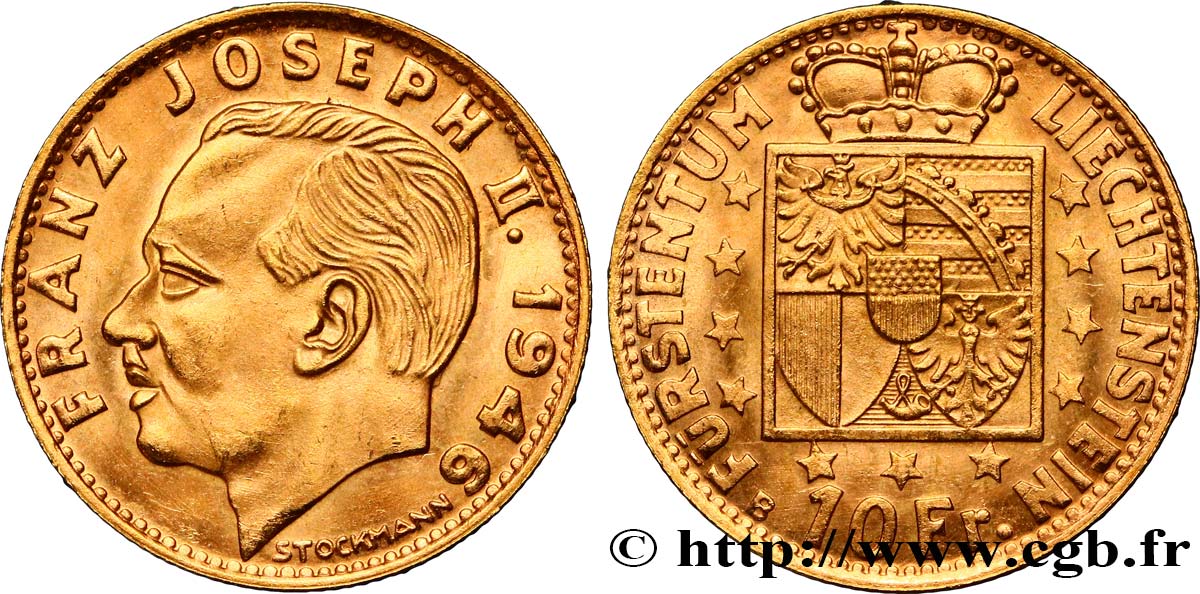 LIECHTENSTEIN 10 Franken François-Joseph II 1946 Berne MS 