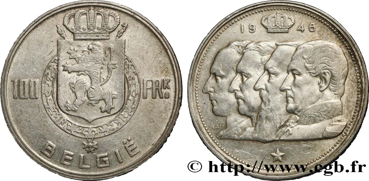 BELGIUM 100 Francs bustes des quatre rois de Belgique, légende flamande 1948  AU 