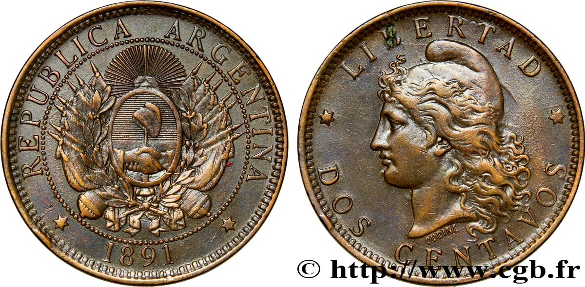 ARGENTINA 2 Centavos emblème / “Liberté” 1891 XF