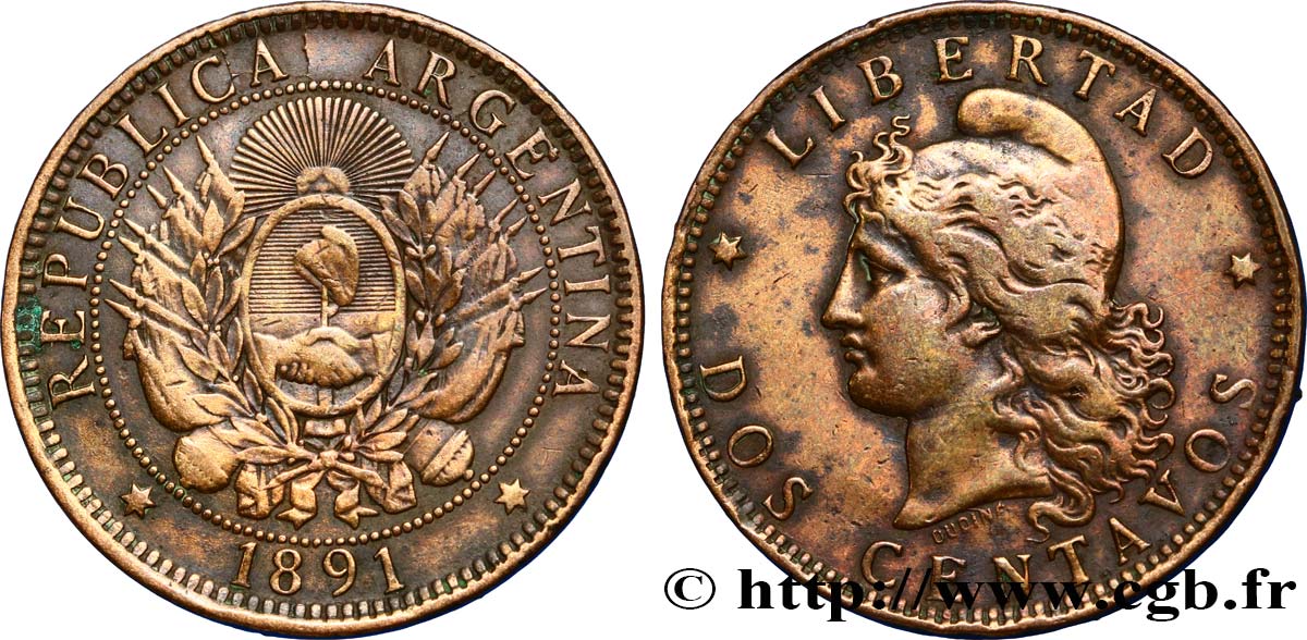 ARGENTINA 2 Centavos emblème / “Liberté” 1891  VF 