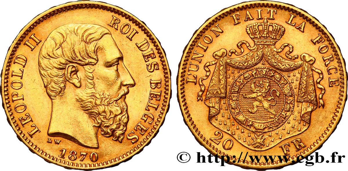 BÉLGICA 20 Francs Léopold II 1870 Bruxelles EBC 