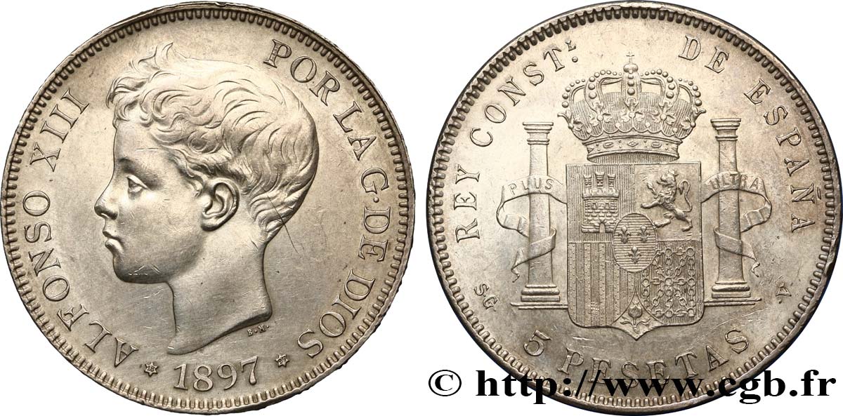 SPAIN - KINGDOM OF SPAIN - ALFONSO XIII 5 Pesetas 3e type 1897 Madrid AU/MS 