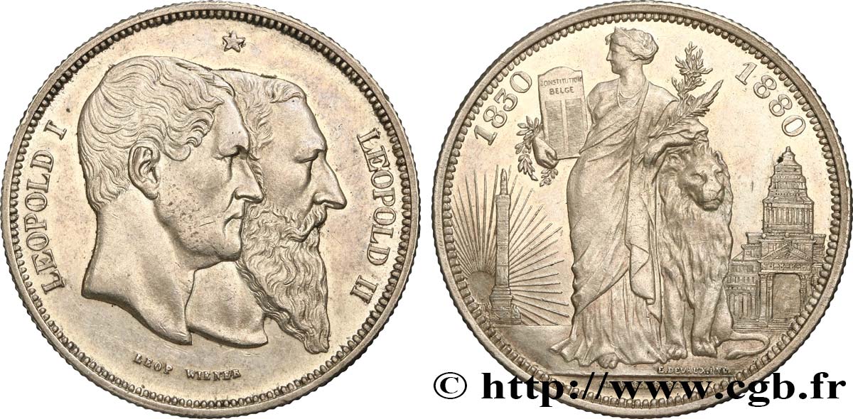 BELGIUM - KINGDOM OF BELGIUM - LEOPOLD II 5 Francs, Cinquantenaire du Royaume (1830-1880) 1880 Bruxelles AU/MS 