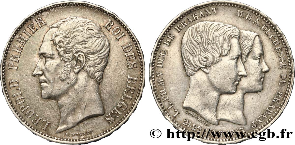BELGIQUE 5 Francs mariage du Duc et de la Duchesse de Brabant 1853 TTB+