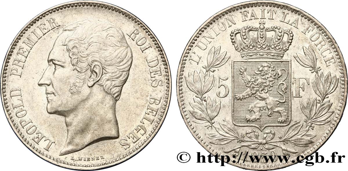 BELGIQUE 5 Francs Léopold Ier 1850  SUP 