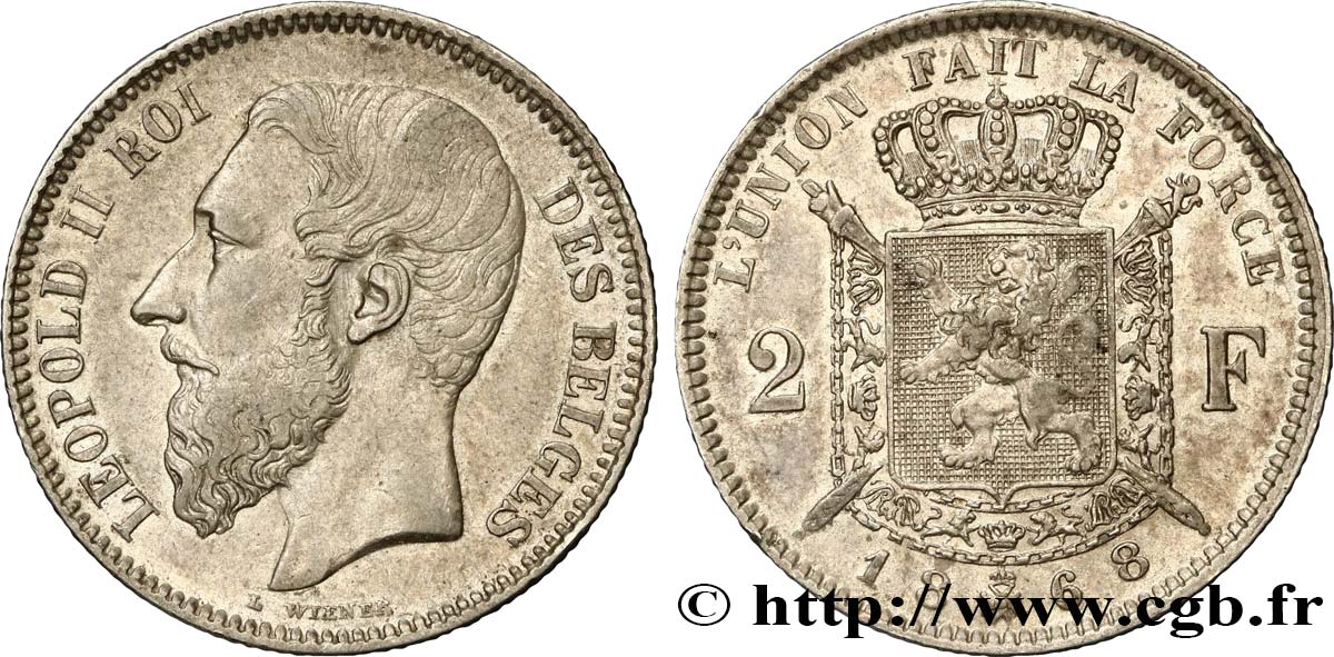 BELGIQUE - ROYAUME DE BELGIQUE - LÉOPOLD II 2 Francs légende française 1868  AU 