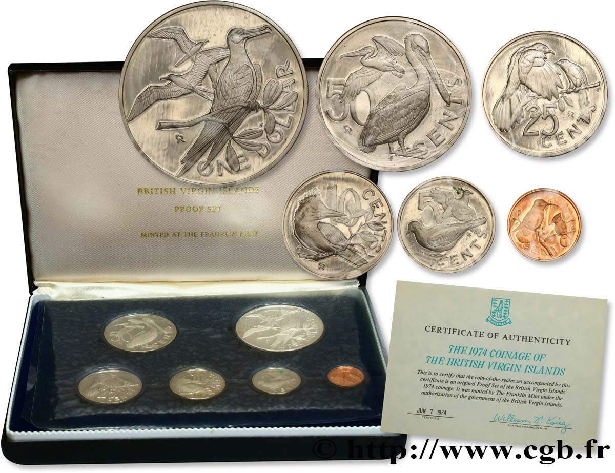 ÎLES VIERGES BRITANNIQUES Série Proof 6 monnaies Elisabeth II 1974 Franklin Mint FDC 