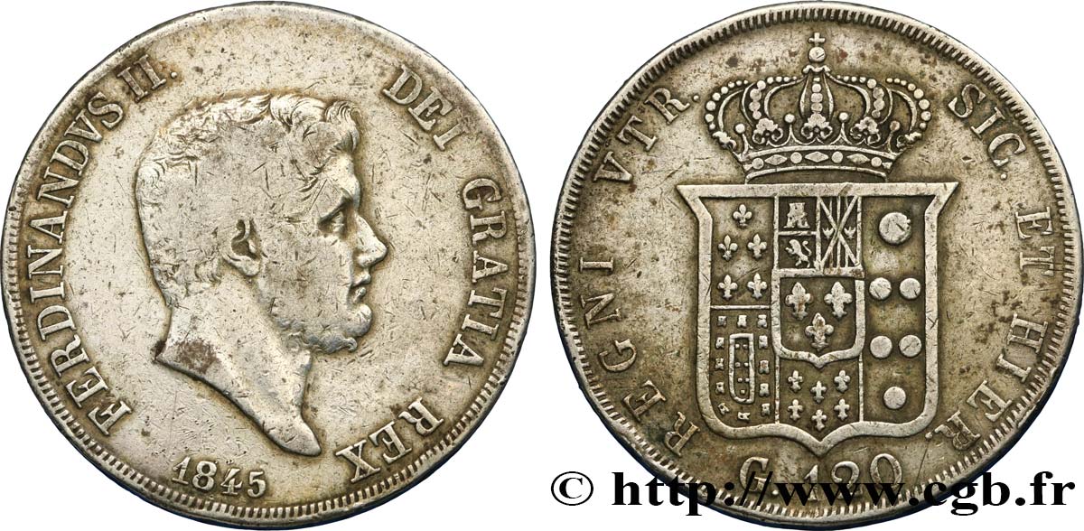 ITALIE - ROYAUME DES DEUX-SICILES 120 Grana Ferdinand II 1845 Naples TB+ 