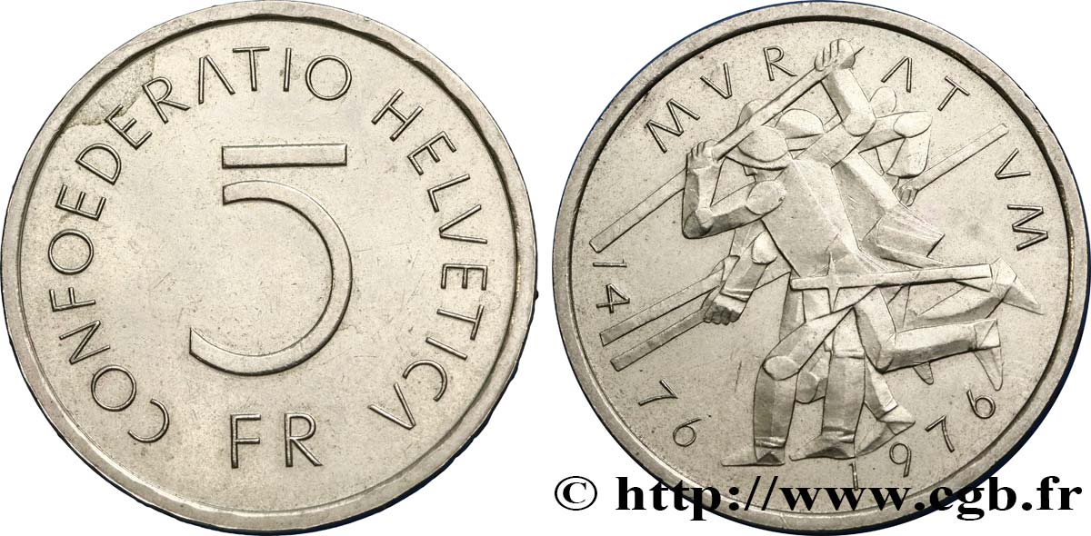 SUISSE 5 Francs 500e anniversaire de la bataille de Murten 1976 Berne SUP 