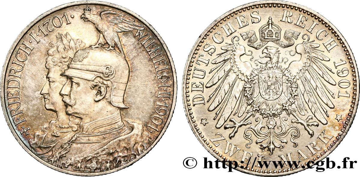 ALLEMAGNE - PRUSSE 2 Mark Guillaume II 200e anniversaire de la Prusse 1901 Berlin SUP 