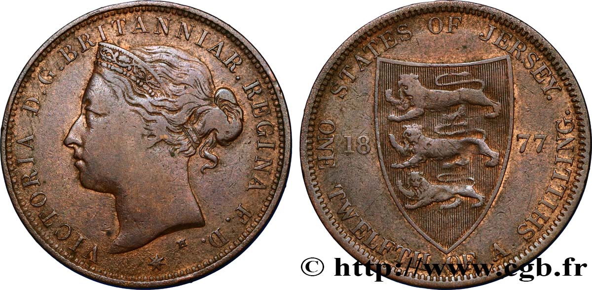 JERSEY 1/12 Shilling Reine Victoria 1877 Heaton TB 
