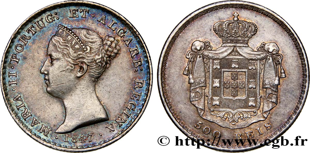 PORTUGAL 500 Réis Marie II 1847  TTB+ 