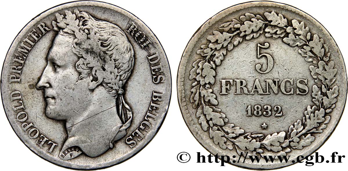 BELGIQUE - ROYAUME DE BELGIQUE - LÉOPOLD Ier 5 Francs tête laurée 1832 Bruxelles VF 