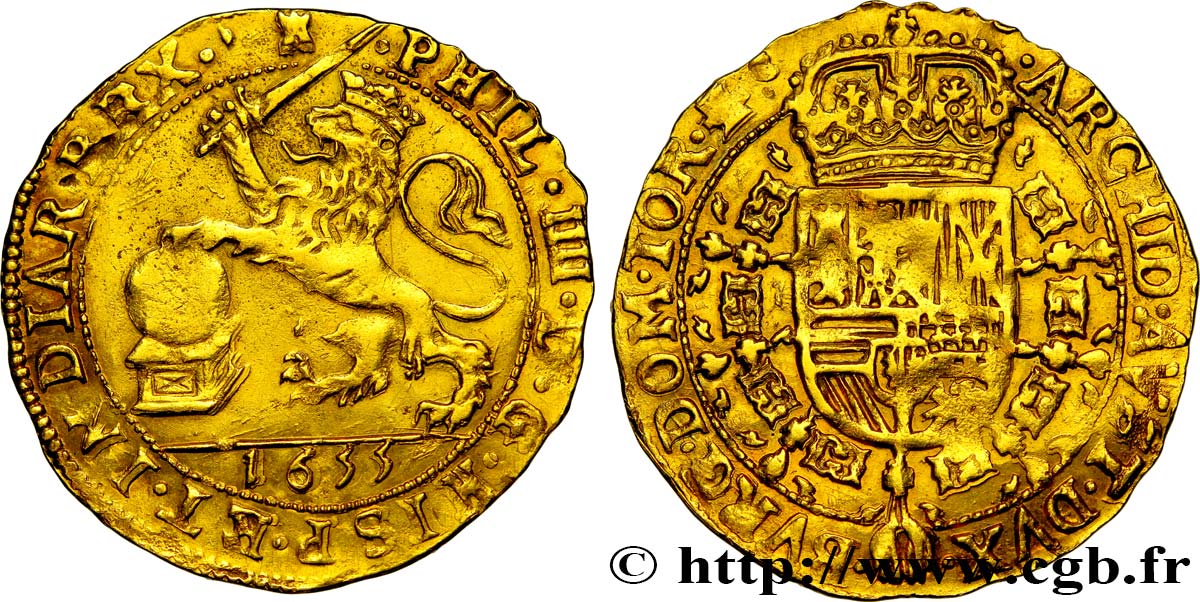 BELGIQUE - PAYS-BAS ESPAGNOLS Souverain ou Lion d’or Philippe IV 1655 Tournai TTB+ 