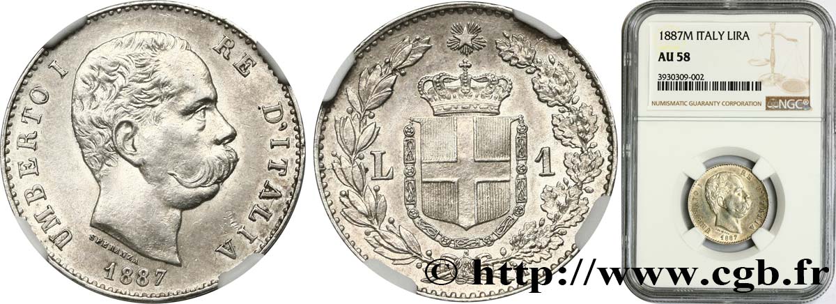 ITALY - KINGDOM OF ITALY - UMBERTO I 1 Lire  1887 Milan  AU58 NGC