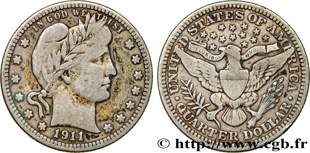 ÉTATS-UNIS D AMÉRIQUE 1/4 Dollar Barber 1911 Philadelphie TTB