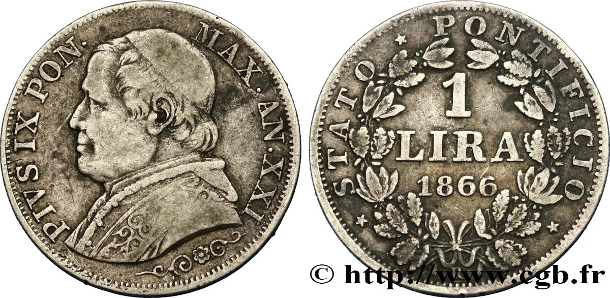 VATIKANSTAAT UND KIRCHENSTAAT 1 Lire Pie IX type grand buste an XXI 1866 Rome S