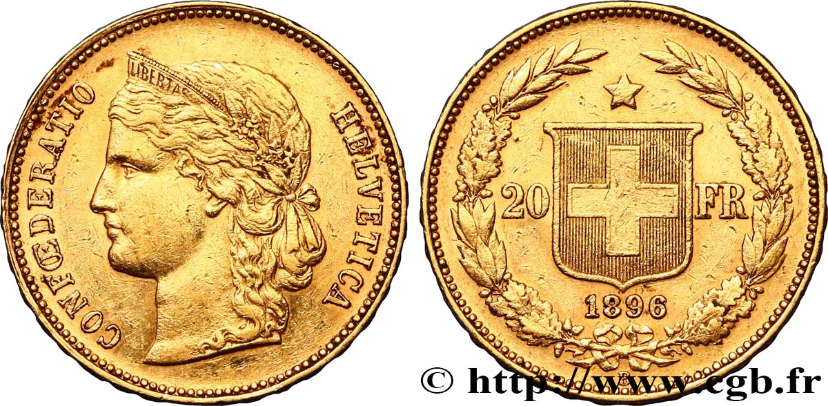 SWITZERLAND - CONFEDERATION OF HELVETIA 20 Francs Helvetia variante de tranche 1896 Berne AU 