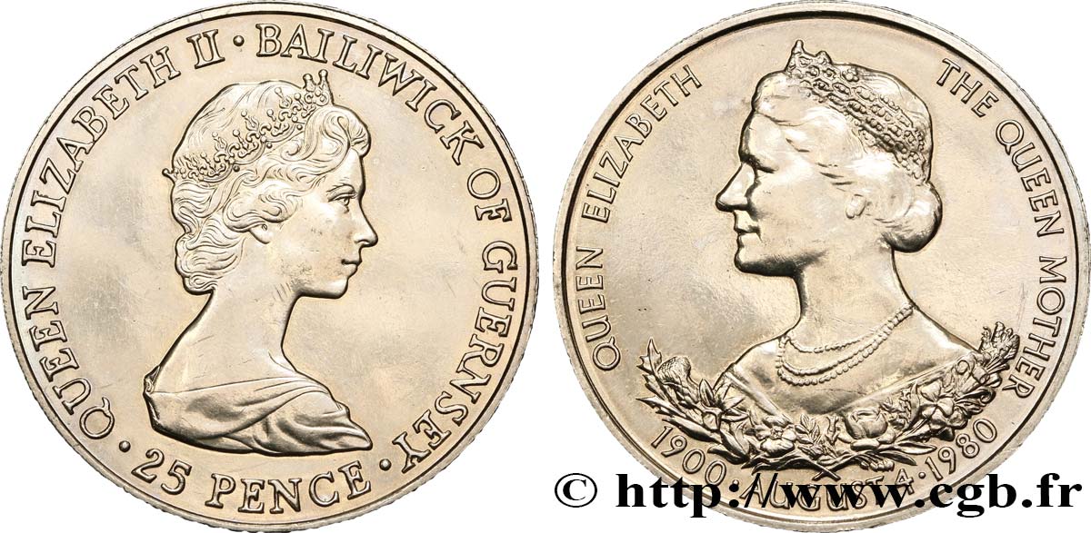 GUERNSEY 25 Pence Elisabeth II / 80e anniversaire de la Reine--Mère 1980  VZ 