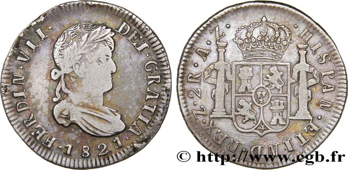 MEXIQUE 2 Reales Ferdinand VII 1821 Zacatecas TB+
 