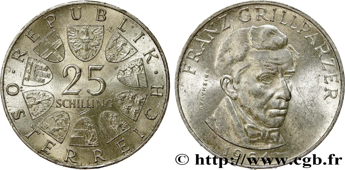AUSTRIA 25 Schilling emblème / le dramaturge Franz Grillparzer 1964 AU