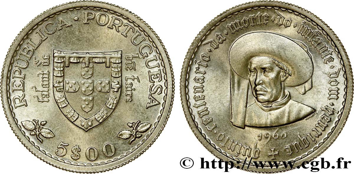 PORTUGAL 5 Escudos 500e anniversaire de la mort de l’infant Don Henrique le navigateur 1960 MS