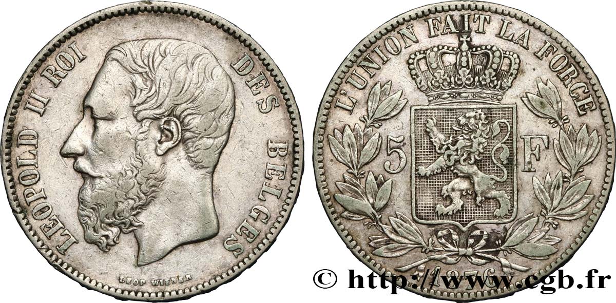 BELGIUM 5 Francs Léopold II 1876  XF 