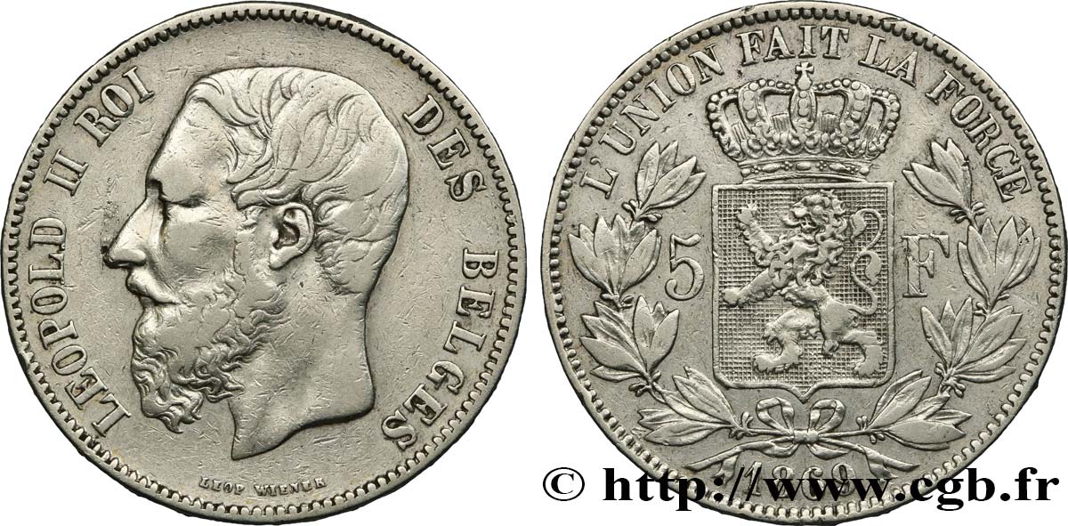 BÉLGICA 5 Francs Léopold II 1869  BC+ 
