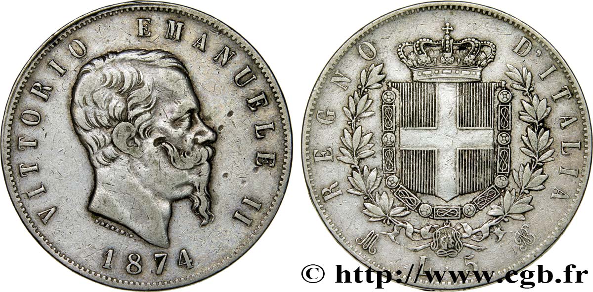 ITALIE 5 Lire Victor Emmanuel II 1874 Milan TB+