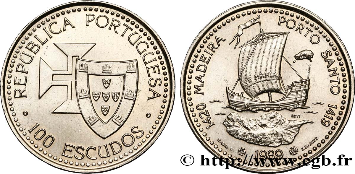 PORTUGAL 100 Escudos Découvertes Portugaises de Madère 1420 et Porto Santo 1419 1989  MS 