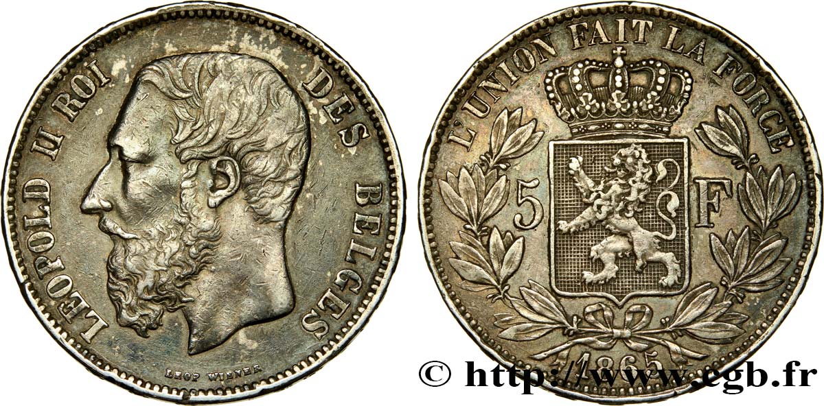 BELGIQUE 5 Francs Léopold II 1865  TB+ 