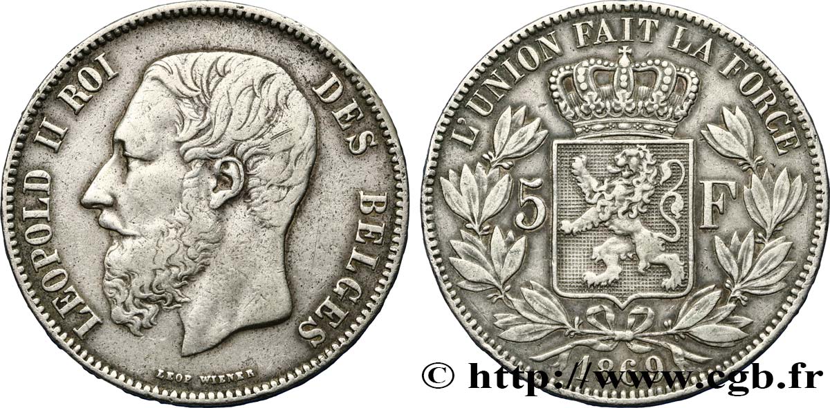 BELGIUM 5 Francs Léopold II 1869  VF/XF 