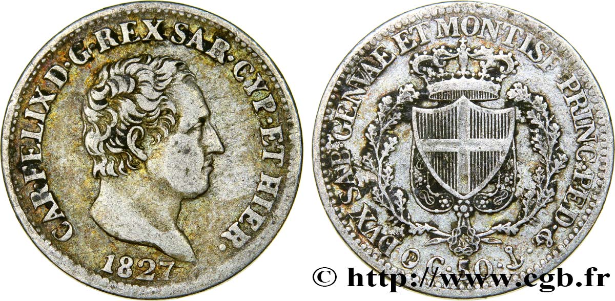 ITALY - KINGDOM OF SARDINIA 50 Centesimi Charles Félix 1827 Gènes XF/VF 
