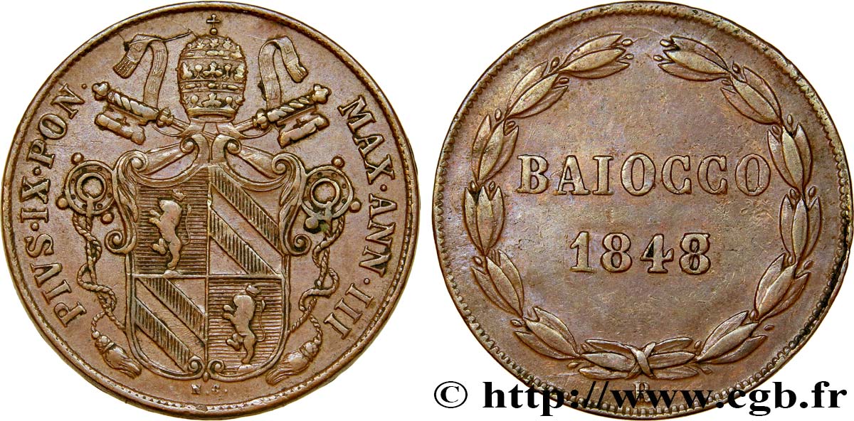 VATICAN ET ÉTATS PONTIFICAUX 1 Baiocco Pie IX an III 1848 Rome TTB+/TTB 