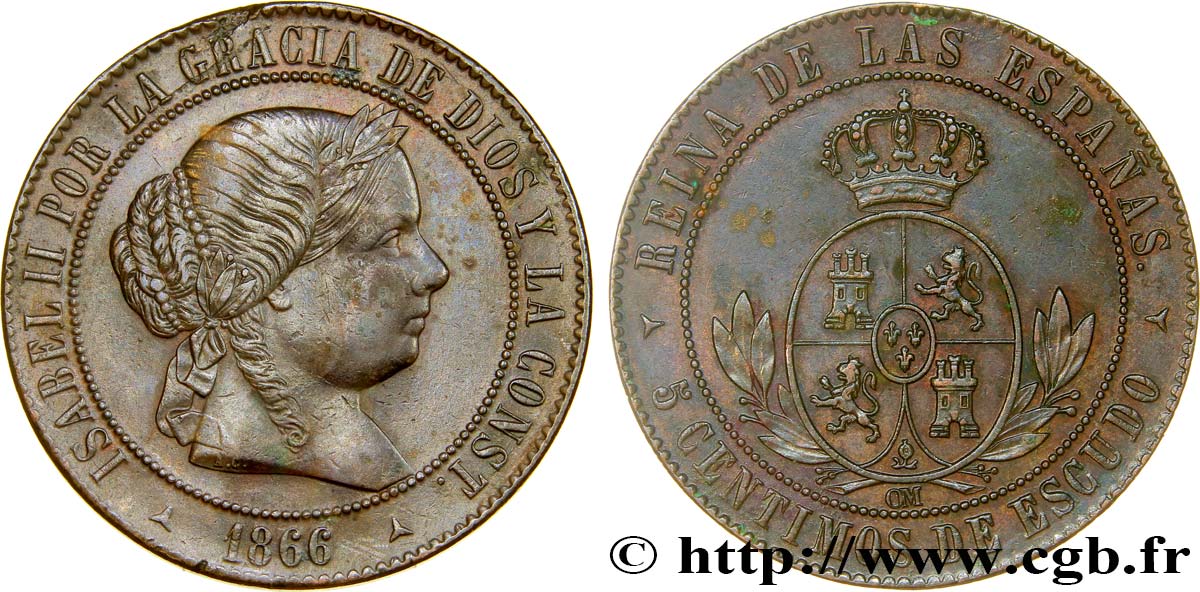 ESPAGNE 5 Centimos de Escudo Isabelle II 1866 Oeschger Mesdach & CO TTB+ 
