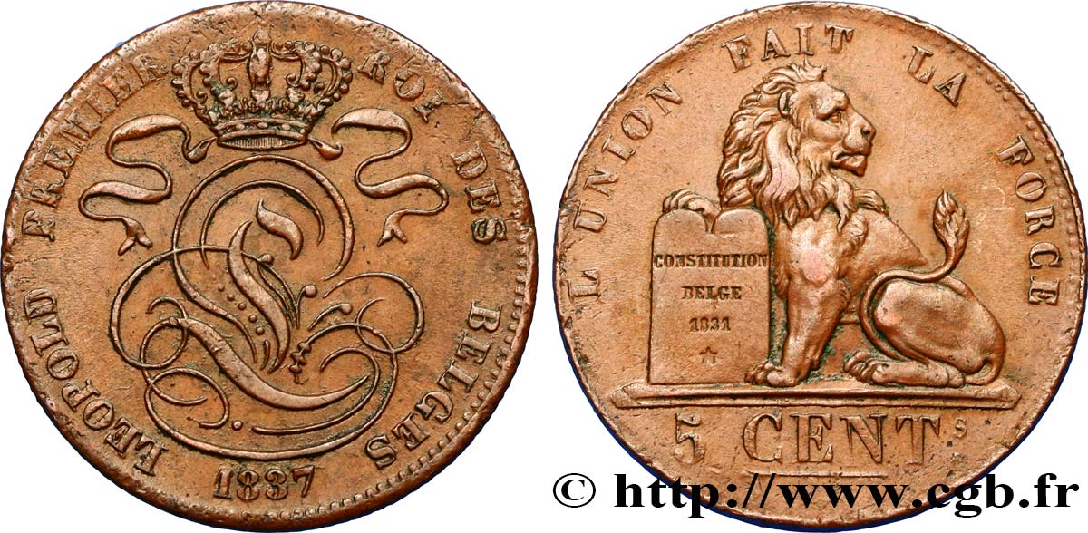 BELGIUM 5 Centimes Léopold Ier 1837  XF/AU 