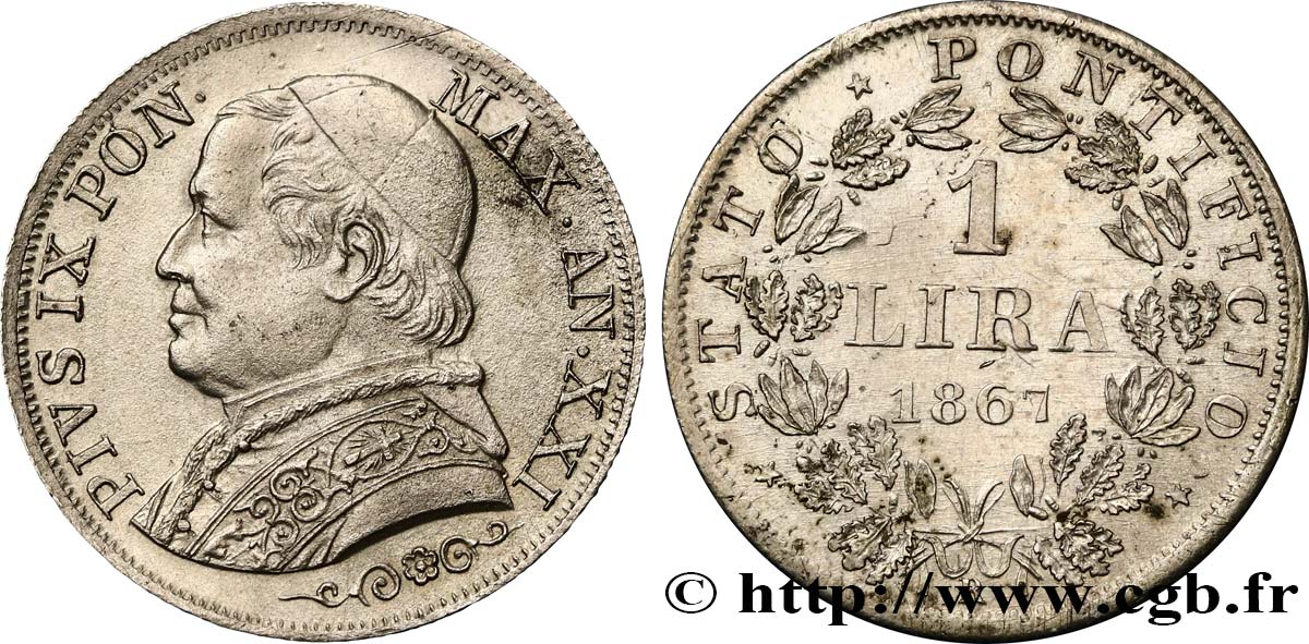 VATICAN AND PAPAL STATES 1 Lire Pie IX an XXI 1867 Rome AU 