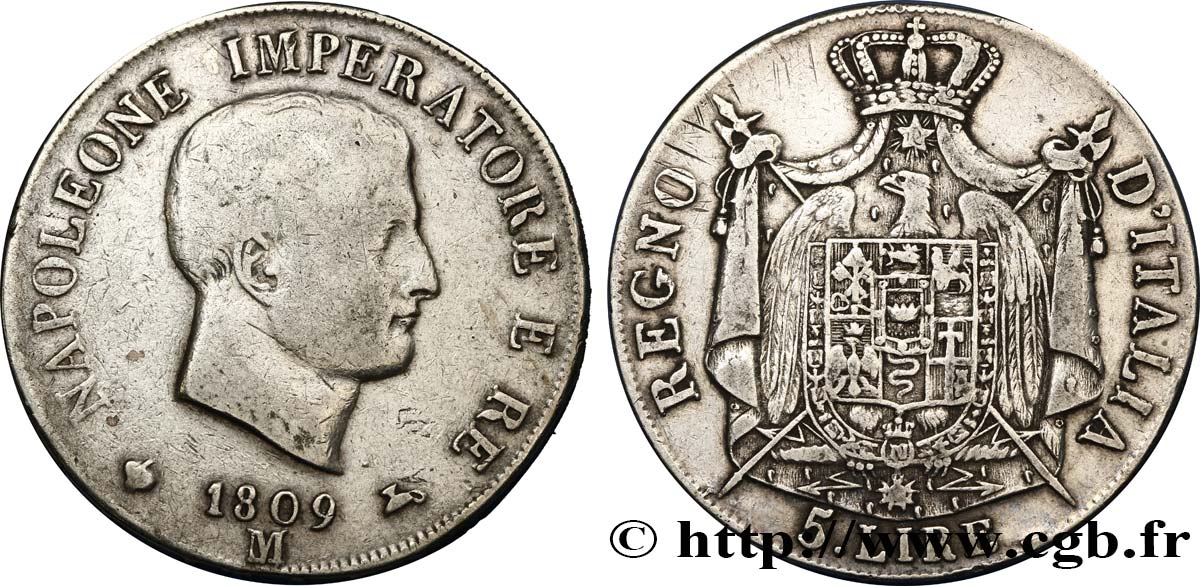 ITALY - KINGDOM OF ITALY - NAPOLEON I 5 Lire 1809 Milan VF 