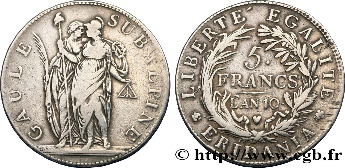 ITALIE - GAULE SUBALPINE 5 Francs an 10 1802 Turin TB 