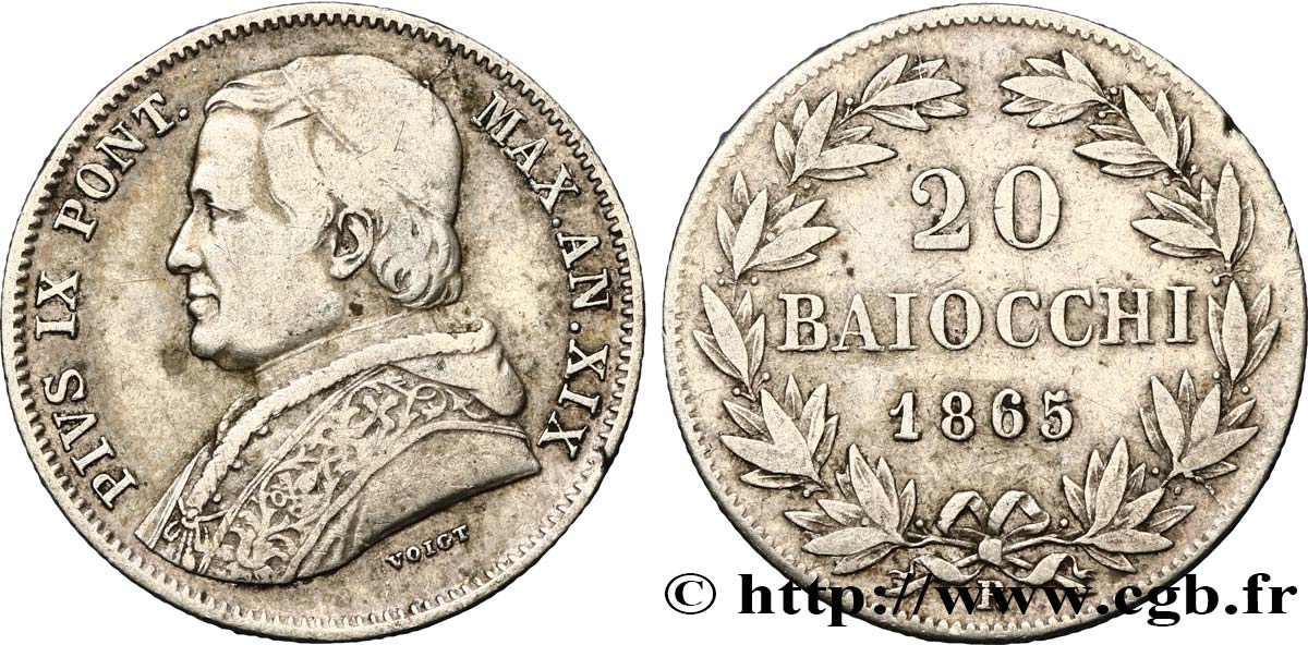 VATICAN AND PAPAL STATES 20 Baiocchi Pie IX an XIX 1865 Rome VF 