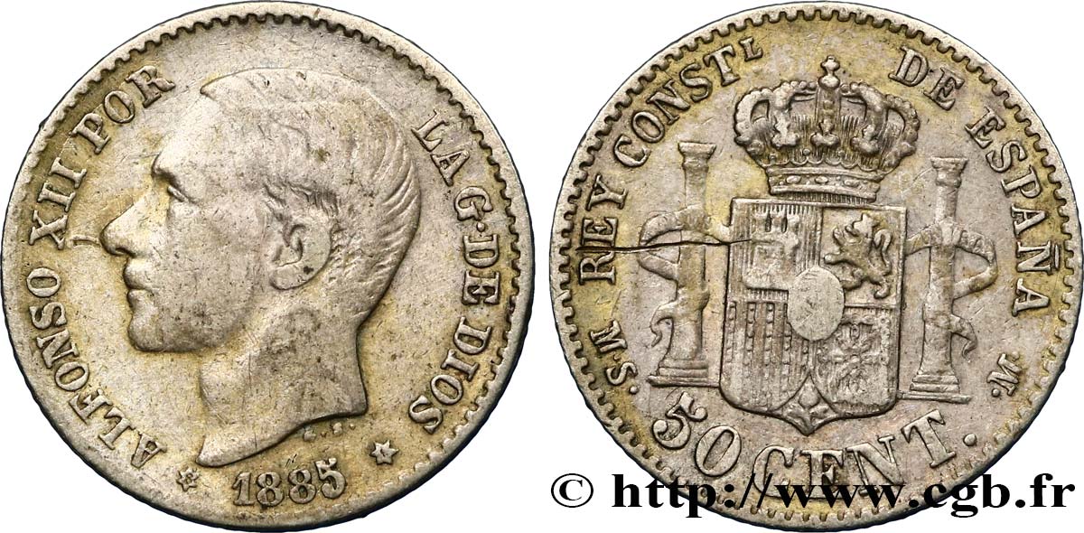 ESPAGNE 50 Centimos Alphonse XII 1885 Madrid TB+