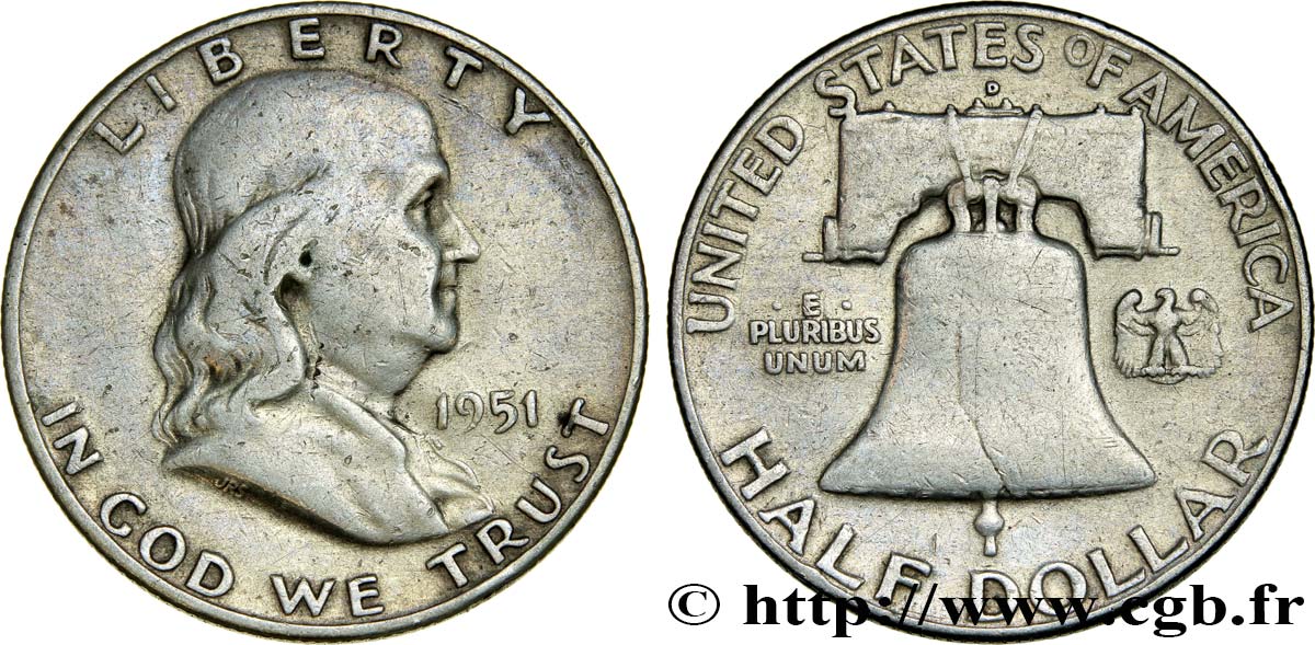 ÉTATS-UNIS D AMÉRIQUE 1/2 Dollar Benjamin Franklin 1951 Denver TB+ 