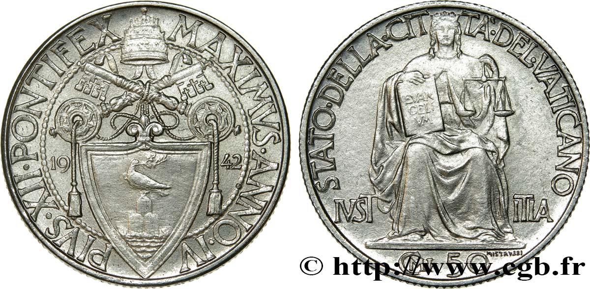 VATICANO E STATO PONTIFICIO 50 Centesimi pontificat de Pie XII an IV 1942 MS