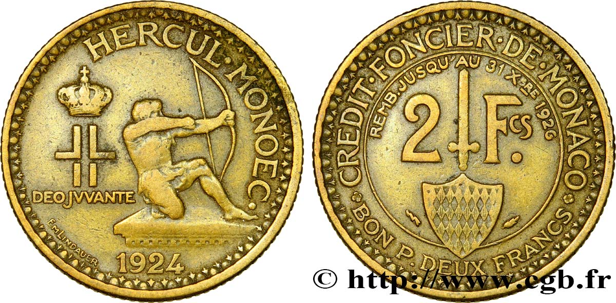 MONACO 2 Francs émission du Crédit Foncier de Monaco 1924 Poissy BB